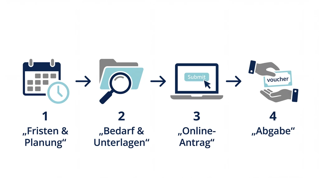 إنفوجرافيك لأربع خطوات لـ Kita Gutschein هامبورغ من الطلب في Bezirksamt حتى الموافقة